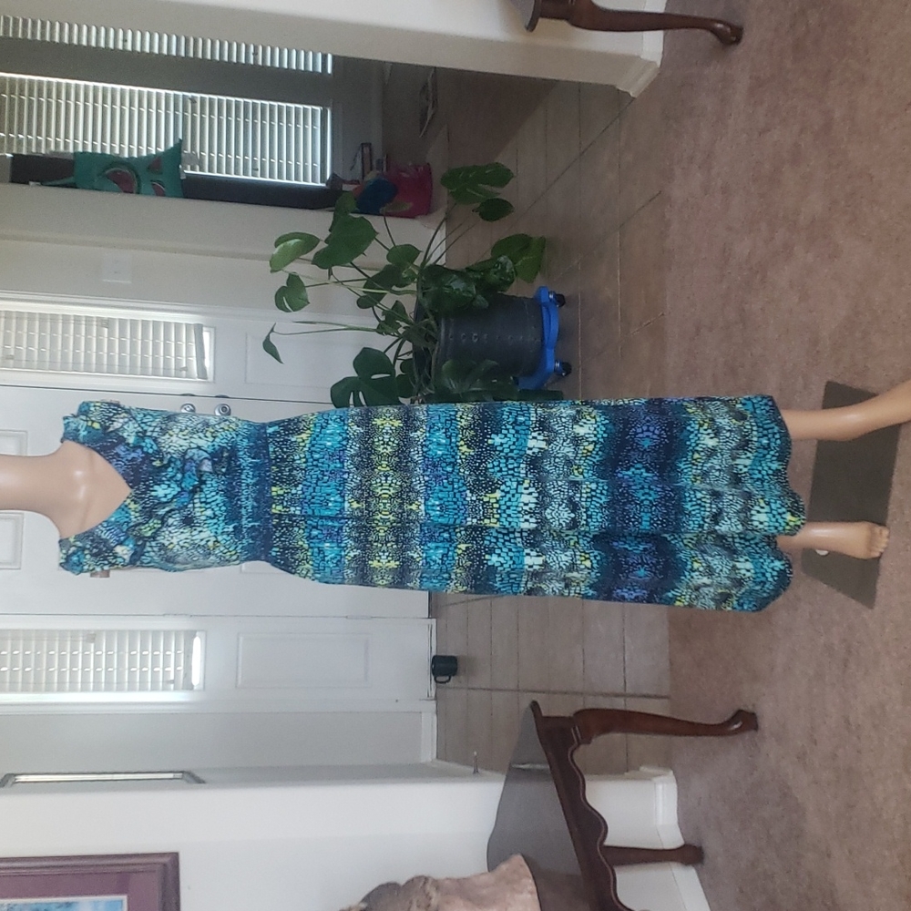 Christine xs Ocean hues v neck w/ ruffle smock waist maxi